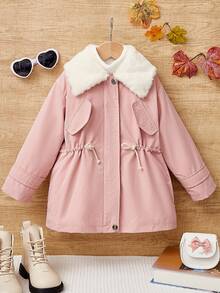 SHEIN 女小童羊絨領口腰部抽繩翻蓋細節外套 - 粉色 - 查看 3