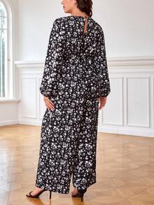 SHEIN Clasi Plus Ditsy Floral Print Lantern Sleeve Belted Wide Leg Jumpsuit - Multicolor - View 2