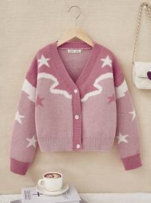 SHEIN Tween Girl Casual Loose Fit Long Sleeve V-neck Knitted Cardigan - Pink - View 1