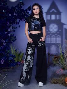 Corpse Bride | ROMWE 字母圖案闊腿牛仔褲 - 黑色 - 查看 6