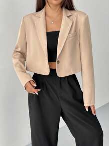 SHEIN EZwear Lapel Neck Single Button Crop Blazer - Khaki - View 4