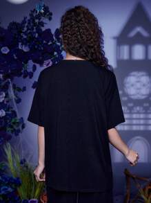 Corpse Bride | ROMWE Cartoon Figure & Letter Graphic Tee - Black - View 2