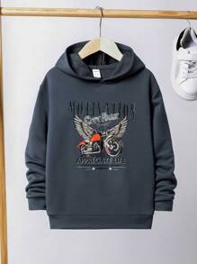 SHEIN Tween Boy Motorcycle & Letter Graphic Hooded Thermal Lined Sweatshirt - Grey - View 1