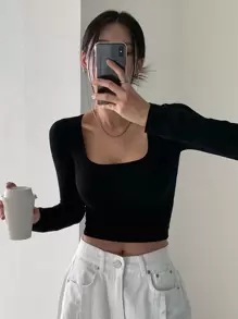 DAZY 女式方领短款长袖T恤上衣 - 黑色 - 查看 7