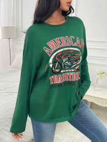 SHEIN EZwear Áo thun trễ vai hình xe máy & chữ cái - màu xanh lá - Xem 5