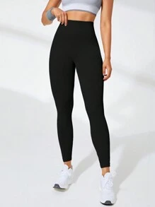 SHEIN Sports 素色無縫高腰運動打底褲 - 黑色 - 查看 3