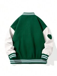 Men Slogan Graphic Striped Trim Colorblock Drop Shoulder Varsity Jacket - Green - View 2