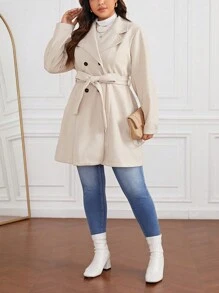 SHEIN Privé Hơn Cổ áo Đôi ngực Thắt lưng Áo khoác - Màu be - Xem 5