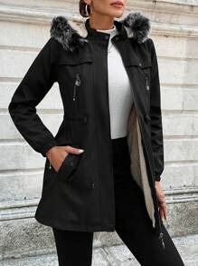 EURMUSE Drawstring Waist Fuzzy Trim Hooded Parka Coat - Black - View 6