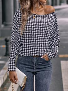 Houndstooth Print Batwing Sleeve Tee - Black and White - View 6
