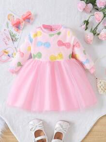 SHEIN Glamorique Kids Váy lưới viền nơ cho bé gái - Nhiều màu - Xem 1