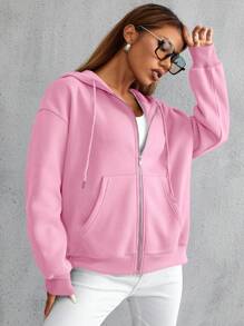 SHEIN Unity Dây kéo Thả vai Dây rút Lót nhiệt Hoodie - Hồng - Xem 3