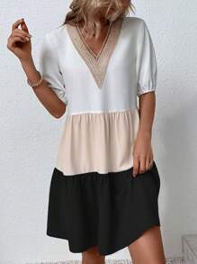 Breezaya Colorblock Contrast Lace Smock Dress - Multicolor - View 4