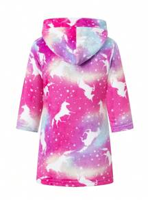 Albornoz con capucha de franela para niña joven, con mangas largas y estampado de dibujos animados, adecuado para usar después del baño, ropa de casa y para dormir, en otoño/invierno - Rojo - Ver 2