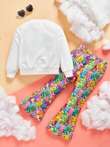 SHEIN X Care Bears 女小童標語圖案運動衫和小熊印花喇叭褲 - 白色 - 查看 3
