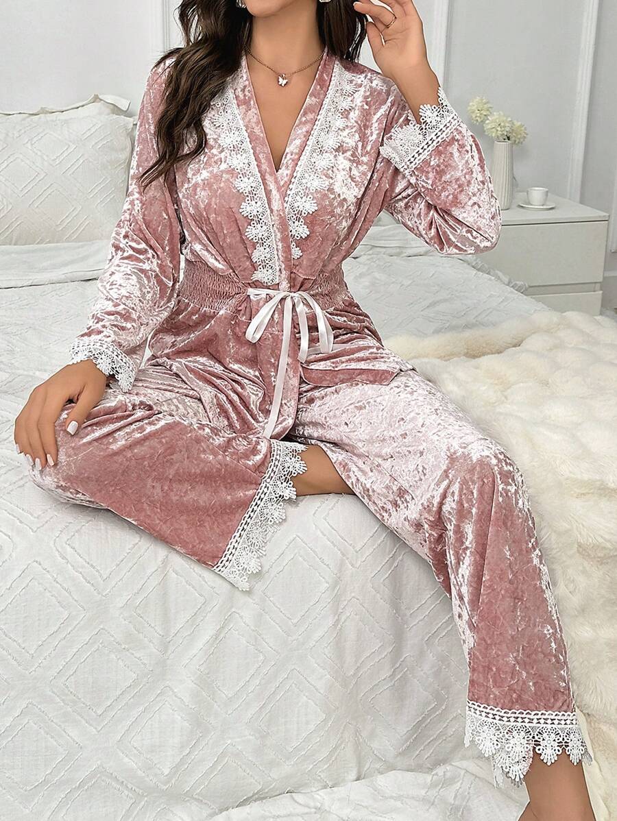 Guipure Lace Trim Belted Velvet PJ Set / Pajama Set - Baby Pink - View 1