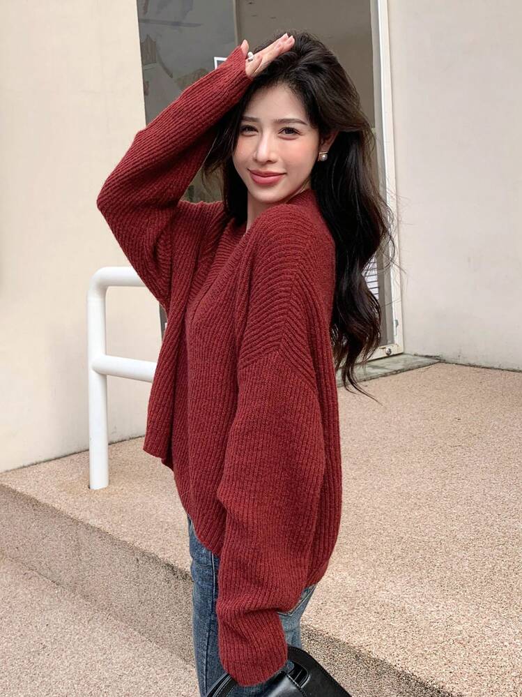 DAZY Suéter amplio unicolor de hombros caídos - Color caoba - Añade 5