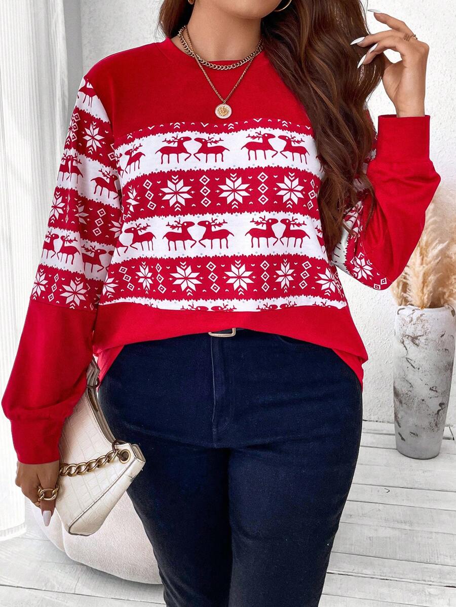 Flirla Plus Christmas Elk Print Sweatshirt Pullover Fall Sweatshirt - Red - View 1