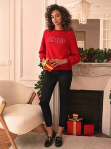 SHEIN Frenchy Letter Graphic Drop Shoulder Sweatshirt - Red - View 3