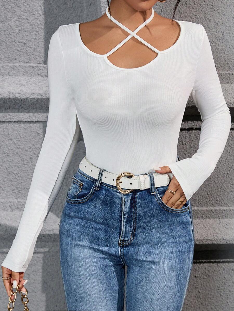 SHEIN Privé Crisscross Buộc lại Đồ đan Ribbed Áo thun - trắng - Xem 1