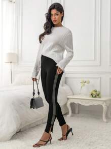 SHEIN Essnce 水鑽側邊開叉下擺緊身褲 - 黑色 - 查看 4