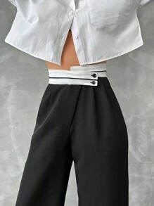 EURMUSE Pantalones de traje color block de cintura alta - Negro - Ver 3