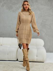 SHEIN Clasi Mock Neck Drop Shoulder Sweater Dress Fall Cloth For Women - Khaki - View 3