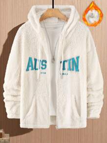 Aesthetic Post--Loose Fit Men's Letter Embroidery Kangaroo Pocket Drawstring Hooded Teddy Jacket (Without T-Shirt) - White - View 1