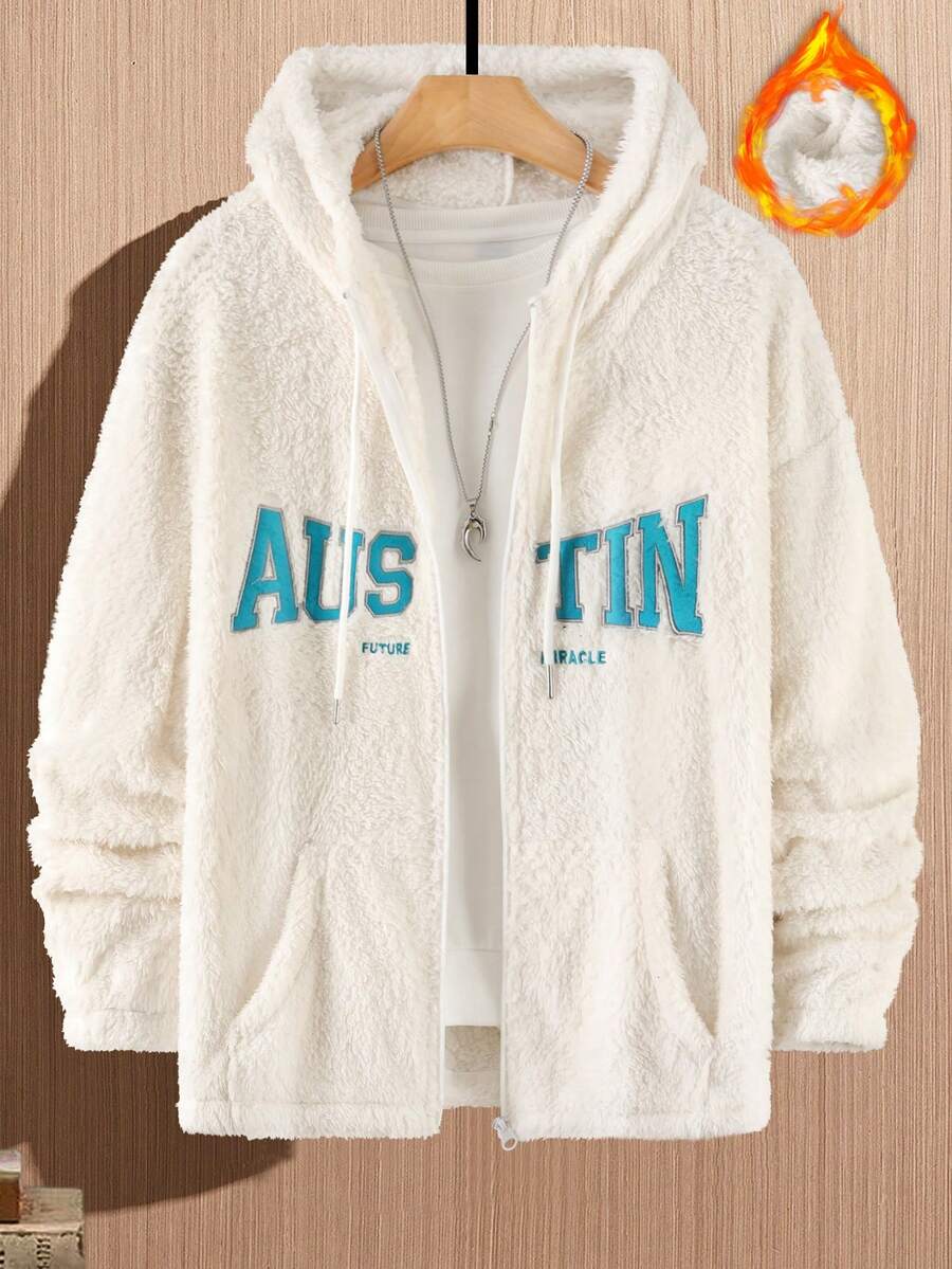 Aesthetic Post--Loose Fit Men's Letter Embroidery Kangaroo Pocket Drawstring Hooded Teddy Jacket (Without T-Shirt) - White - View 1