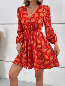 SHEIN Frenchy 滿版佩斯利印花燈籠袖洋裝不附腰帶 - 紅色 - 查看 5