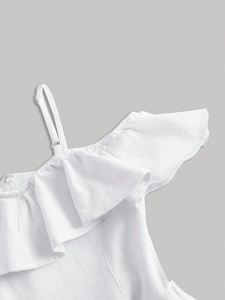 Cold Shoulder Ruffle Trim Denim Cami Dress