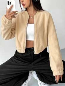 SHEIN EZwear Cazadora tipo bomber con cremallera de manga raglán crop forro polar - Beis - Ver 3