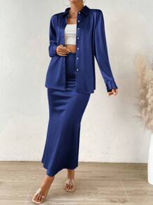 Chiquease Solid Button Front Shirt & Mermaid Hem Skirt - Royal Blue - View 6