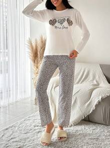 EURMUSE Leopard & Letter Graphic White Top & Pants PJ Set - White - View 3