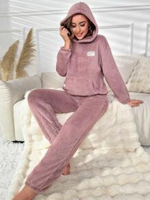Slogan Patched Pocket Drop Shoulder Flannel Hoodie & Pants Lounge Set Outfit  Cozy And Elegant Details, Fall Winter Clothes, Fluffy Pajama - Mauve Purple - View 5