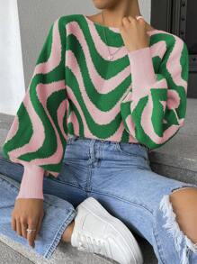 Chiquease Wave Striped Pattern Lantern Sleeve Knit Pullover Fall Winter Sweater - Multicolor - View 1