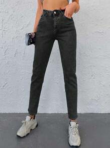 EURMUSE Quần Jeans Mom Fit Túi Xiên Trơn - màu đen - Xem 3