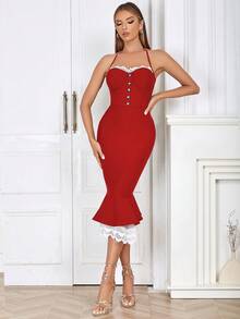 Contrast Lace Button Front Mermaid Hem Bandage Dress - Red - View 7