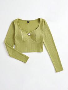 Soleia 素色雞心領口短款T恤 - 綠色 - 查看 4