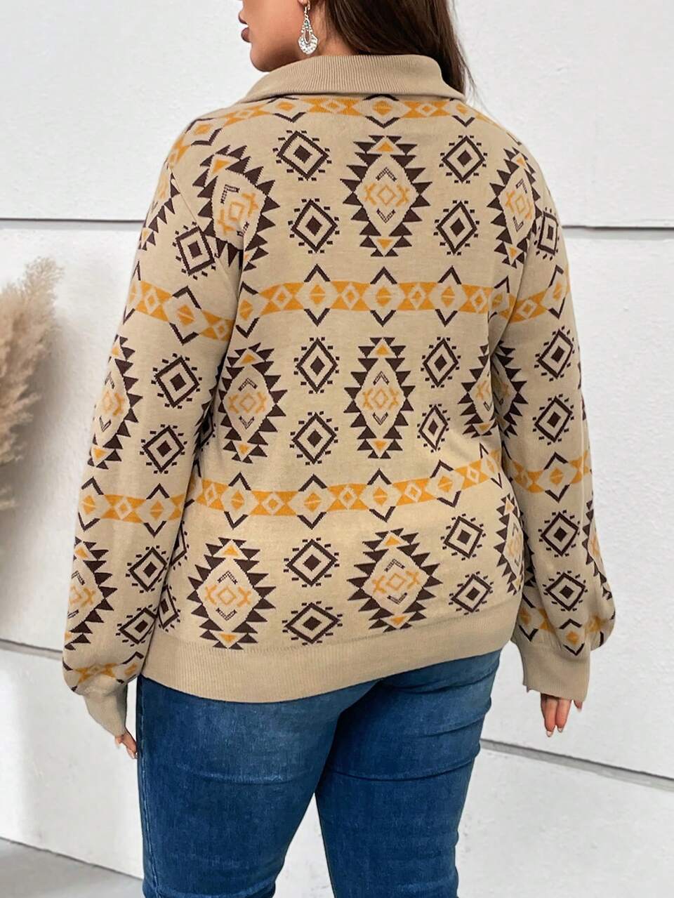 Plus Geo Pattern Half Zip Drop Shoulder Sweater