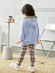 SHEIN Young Girl Bear Print Drop Shoulder Hoodie & Plaid Leggings - Blue - View 2