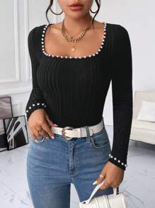 SHEIN Privé Pearls Beaded Scoop Neck Black Tee - Black - View 5