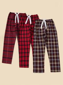 SHEIN 3pcs Plaid Print Bow Patched Sleep Pants - Multicolor - View 3
