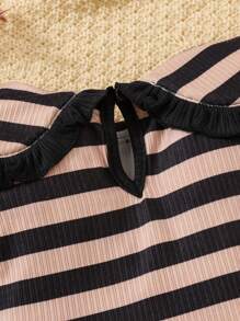 SHEIN Baby Girl Striped Print Statement Collar Tee & Button Front Skirt - Coffee Brown - View 4