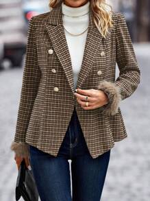 SHEIN Clasi 千鳥格印花毛茸茸袖口雙排釦西裝外套