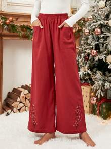 EMERY ROSE 高腰雙口袋闊腿褲 - 酒紅色 - 查看 1