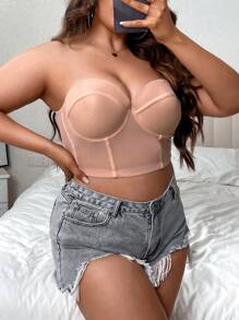Plus Size Strapless Push Up Bra Backless Casual Coral Pink Medium Stretch - Coral Pink - View 4