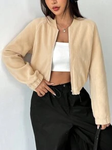 SHEIN EZwear Cazadora tipo bomber con cremallera de manga raglán crop forro polar - Beis - Ver 4