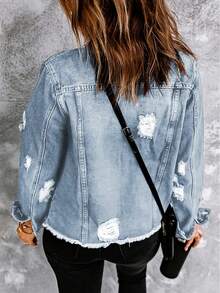 Rách Xén Thô Áo khoác denim - Màu xanh lam - Xem 2