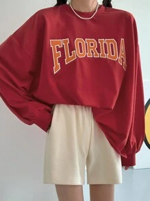 DAZY Letter Graphic Drop Shoulder Oversized Pullover,Fall Clothes Sweatshirt - Red - View 3
